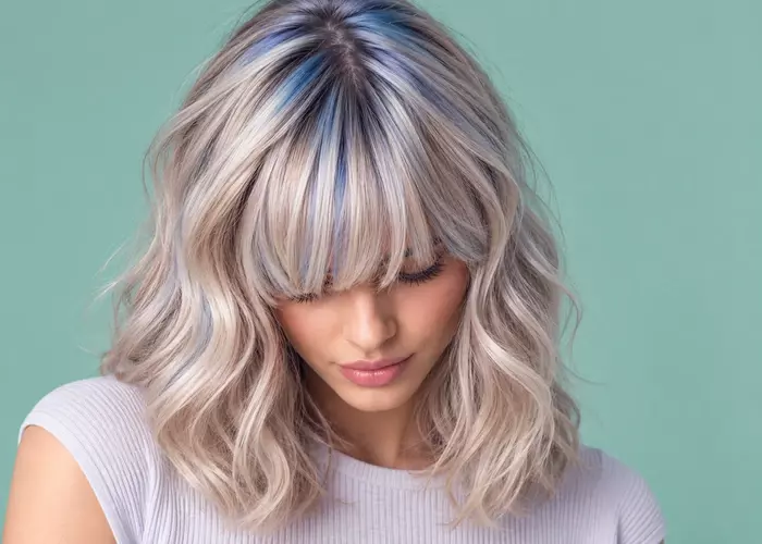 Cheveux clairs ondul&eacute;s avec de subtils reflets bleu pastel.